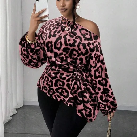 Plus Size Asymmetrical Off Shoulder Top Blouse Shirt Pink - Picture 15 of 16